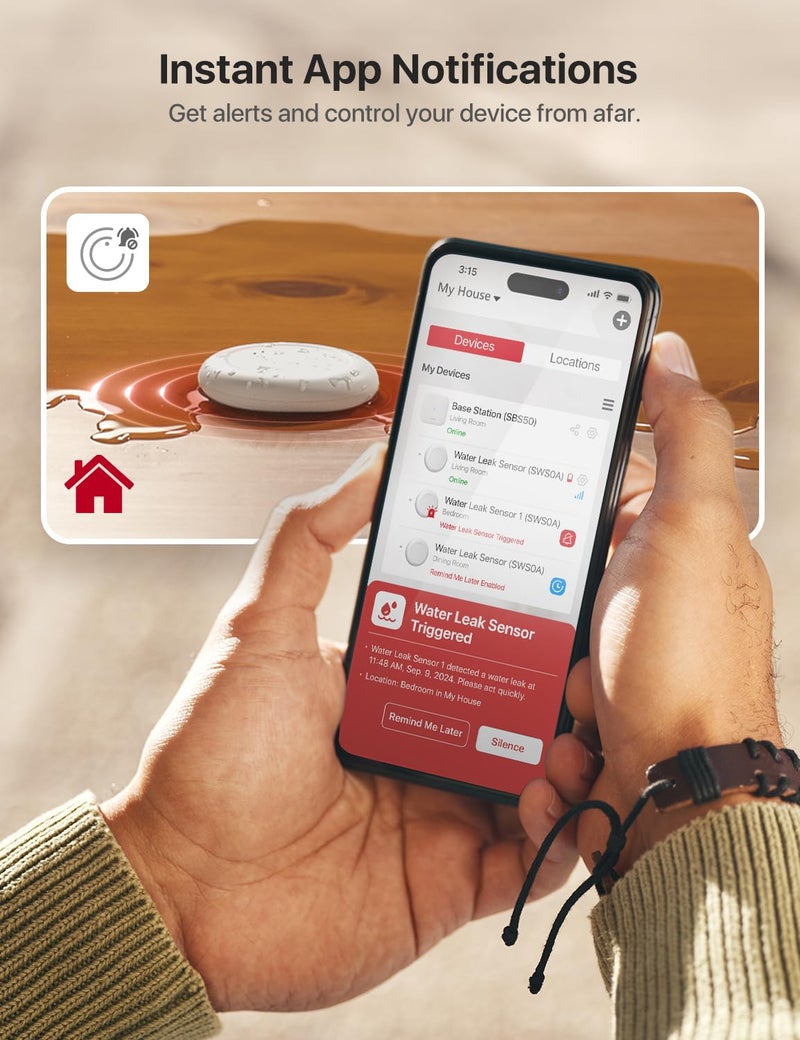 اكس سينس مجموعة كاشف تسرب المياه X-Sense Wi-Fi، إنذار مستشعر المياه الذكي مع تنبيهات التطبيق وتصميم نحيف للغاية، كاشف تسرب إنذار المياه للأقبية، 4 أجهزة استشعار للمياه ومحطة قاعدة واحدة، موديل SWS0A41 - Image 3